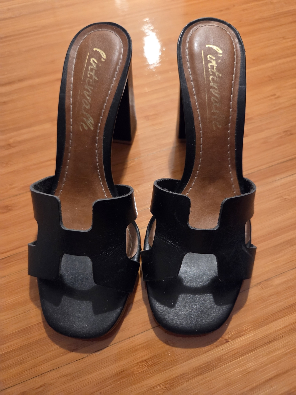 L'Intervalle Black Open-Toe Slide Mules with Block Heel
